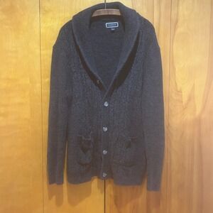 Grandpa Sweater Cardigan Shawl Collar Cable Fisherman Charcoal Gray Size Large